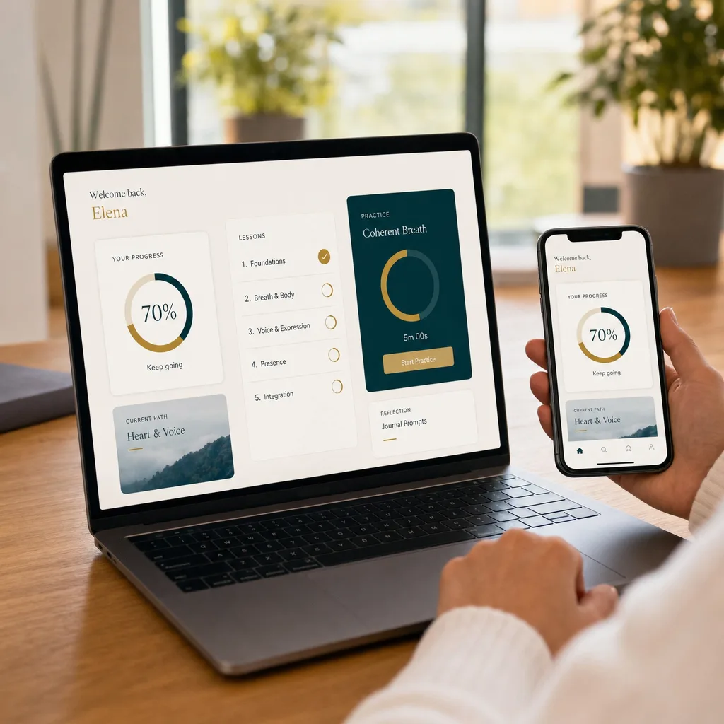 Inside the program: course dashboard with modules, lessons and reference guides